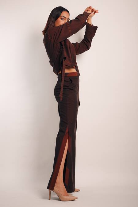 Shop_Diksha Khanna_Brown Denim Patchwork Shawl Neck Ruched Crop Shirt With Pant _Online_at_Aza_Fashions