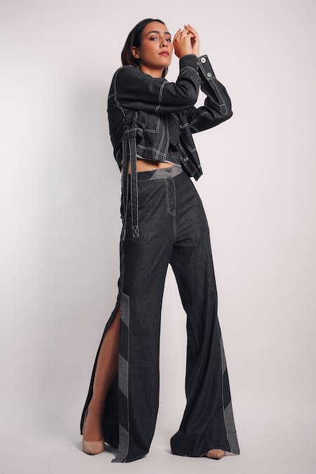 Buy_Diksha Khanna_Grey Denim Shawl Neck Ruched Crop Shirt With Side Slit Pant _Online_at_Aza_Fashions