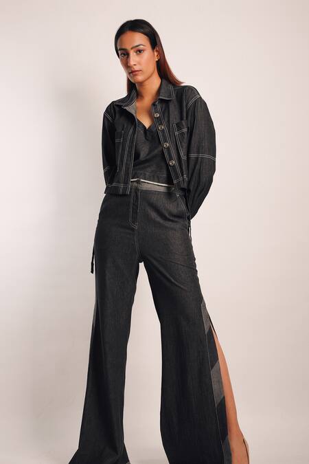 Shop_Diksha Khanna_Grey Denim Shawl Neck Ruched Crop Shirt With Side Slit Pant _Online_at_Aza_Fashions
