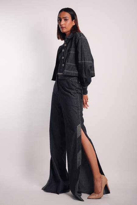 Diksha Khanna_Grey Denim Shawl Neck Ruched Crop Shirt With Side Slit Pant _at_Aza_Fashions