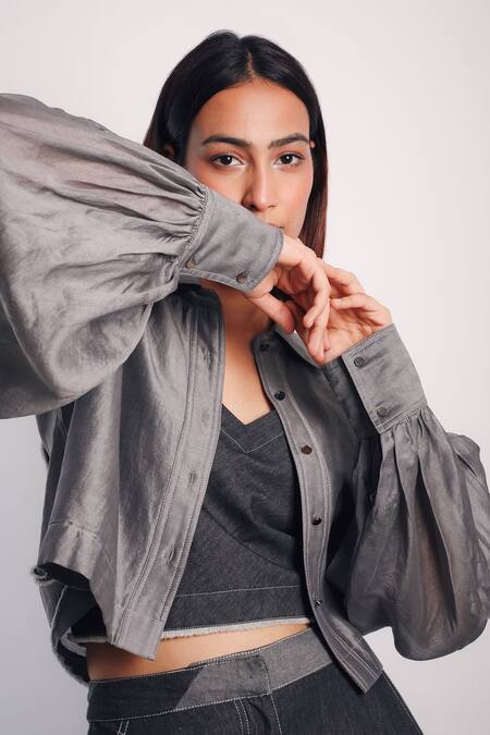 Diksha Khanna_Grey Denim, Silk Applique Shawl Neck Crop Shirt With Side Slit Pant _Online_at_Aza_Fashions