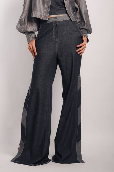 Buy_Diksha Khanna_Grey Denim, Silk Applique Shawl Neck Crop Shirt With Side Slit Pant _Online_at_Aza_Fashions