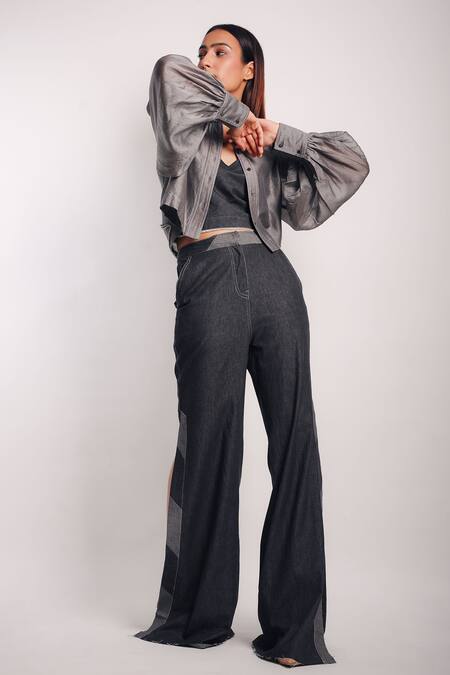 Shop_Diksha Khanna_Grey Denim, Silk Applique Shawl Neck Crop Shirt With Side Slit Pant _Online_at_Aza_Fashions