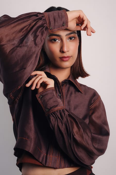 Diksha Khanna Brown Denim, Silk Applique Shawl Neck Crop Shirt With Pant Online at Aza Fashions Diksha Khanna_Brown Denim, Silk Applique Shawl Neck Crop Shirt With Pant _Online_at_Aza_Fashions