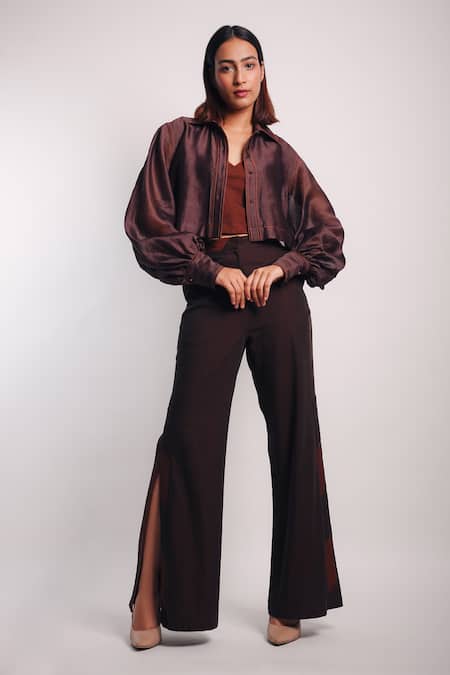 Buy Diksha Khanna Brown Denim, Silk Applique Shawl Neck Crop Shirt With Pant Online at Aza Fashions Buy_Diksha Khanna_Brown Denim, Silk Applique Shawl Neck Crop Shirt With Pant _Online_at_Aza_Fashions
