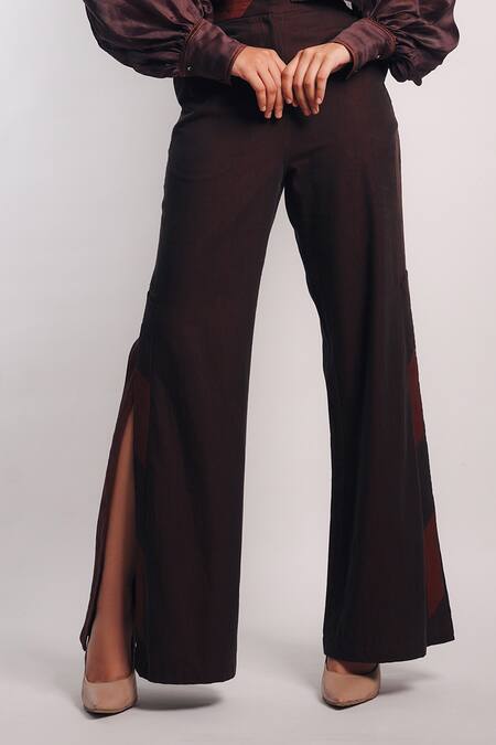 Shop Diksha Khanna Brown Denim, Silk Applique Shawl Neck Crop Shirt With Pant Online at Aza Fashions Shop_Diksha Khanna_Brown Denim, Silk Applique Shawl Neck Crop Shirt With Pant _Online_at_Aza_Fashions