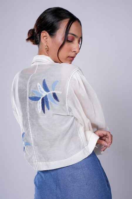 Diksha Khanna_White Denim, Silk, Cotton Applique Shawl Floral Crop Shirt And Side Slit Pant _Online_at_Aza_Fashions