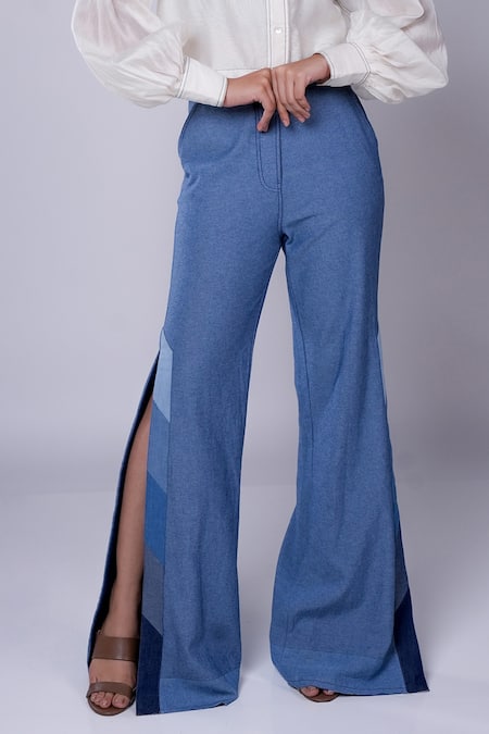 Buy_Diksha Khanna_White Denim, Silk, Cotton Applique Shawl Floral Crop Shirt And Side Slit Pant _Online_at_Aza_Fashions