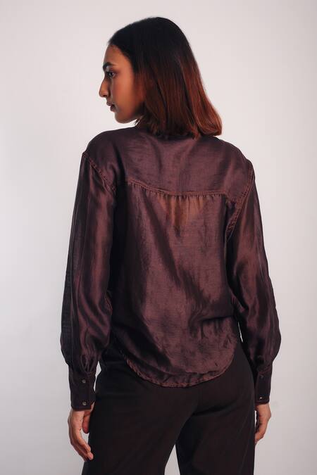 Diksha Khanna_Brown Silk, Denim Applique Shawl Neck Stripe Placement Shirt With Pant _Online_at_Aza_Fashions