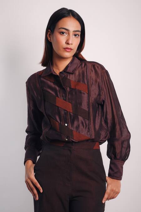 Buy_Diksha Khanna_Brown Silk, Denim Applique Shawl Neck Stripe Placement Shirt With Pant _Online_at_Aza_Fashions