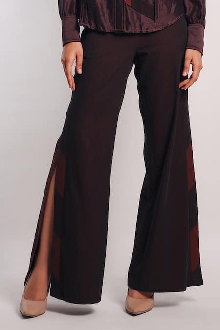 Shop_Diksha Khanna_Brown Silk, Denim Applique Shawl Neck Stripe Placement Shirt With Pant _Online_at_Aza_Fashions