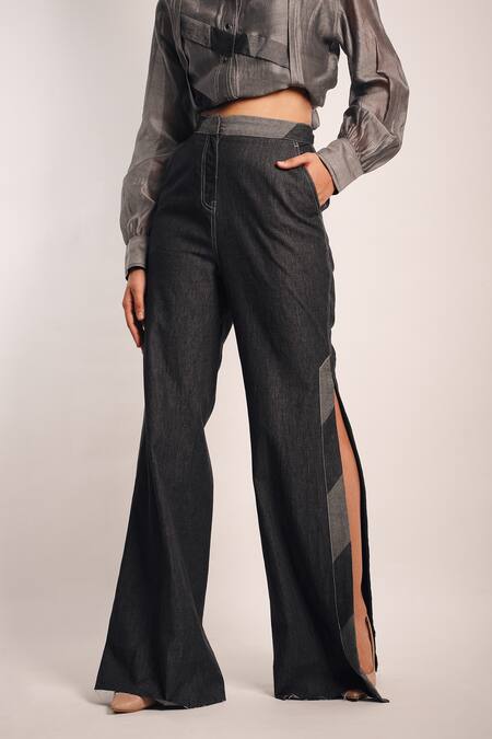 Diksha Khanna_Grey Silk, Cotton, Denim Applique Shawl Neck Placed Stripe Shirt With Pant _Online_at_Aza_Fashions