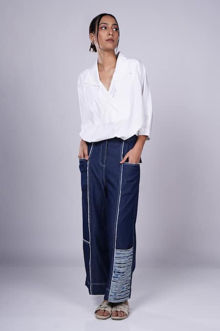 Diksha Khanna_White Cotton, Denim Patchwork Collared Overlap Panel Top With Pant _Online_at_Aza_Fashions