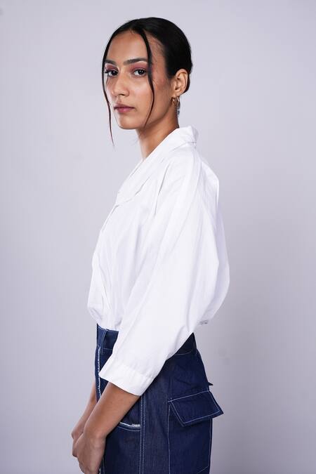 Shop_Diksha Khanna_White Cotton, Denim Patchwork Collared Overlap Panel Top With Pant _Online_at_Aza_Fashions
