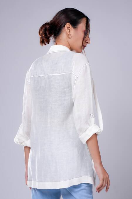 Diksha Khanna_White Linen, Denim Bandeau Neck Solid Shirt With Godet Pant _Online_at_Aza_Fashions
