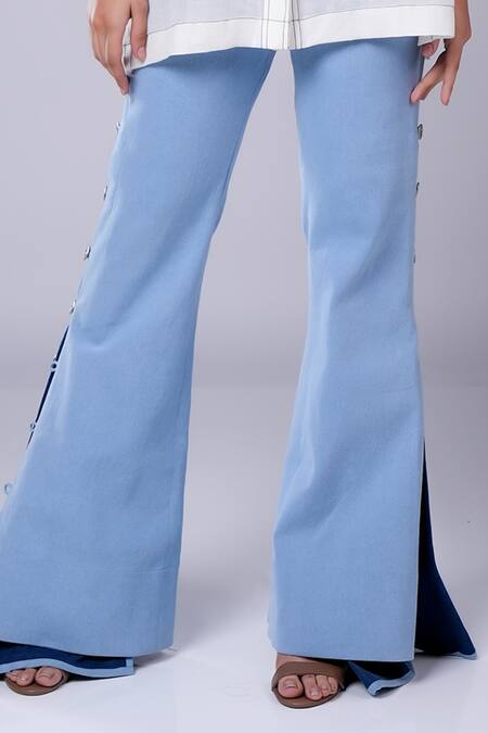 Buy_Diksha Khanna_White Linen, Denim Bandeau Neck Solid Shirt With Godet Pant _Online_at_Aza_Fashions