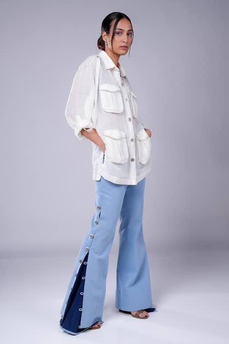 Shop_Diksha Khanna_White Linen, Denim Bandeau Neck Solid Shirt With Godet Pant _Online_at_Aza_Fashions