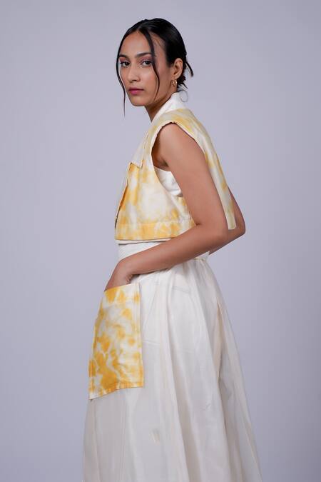 Shop Diksha Khanna Yellow Denim, Silk, Cotton V-neck Tie-dye Pattern Trench Coat Pant Set Online at Aza Fashions Shop_Diksha Khanna_Yellow Denim, Silk, Cotton V-neck Tie-dye Pattern Trench Coat Pant Set _Online_at_Aza_Fashions