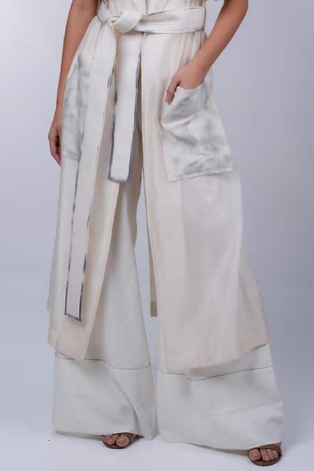 Buy_Diksha Khanna_Grey Denim, Silk, Cotton Piping Tie-dye Overlap Panel Trench Coat Pant Set _Online_at_Aza_Fashions