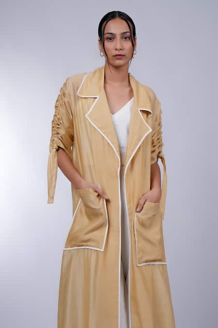 Diksha Khanna Beige Silk, Cotton V-neck, Collared Solid Trench Coat Pant Set Online at Aza Fashions Diksha Khanna_Beige Silk, Cotton V-neck, Collared Solid Trench Coat Pant Set _Online_at_Aza_Fashions
