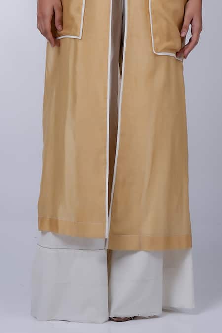 Buy Diksha Khanna Beige Silk, Cotton V-neck, Collared Solid Trench Coat Pant Set Online at Aza Fashions Buy_Diksha Khanna_Beige Silk, Cotton V-neck, Collared Solid Trench Coat Pant Set _Online_at_Aza_Fashions