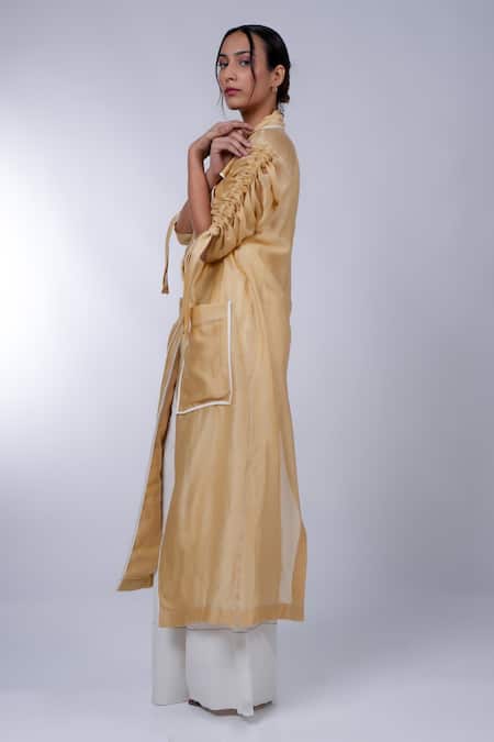 Shop Diksha Khanna Beige Silk, Cotton V-neck, Collared Solid Trench Coat Pant Set Online at Aza Fashions Shop_Diksha Khanna_Beige Silk, Cotton V-neck, Collared Solid Trench Coat Pant Set _Online_at_Aza_Fashions