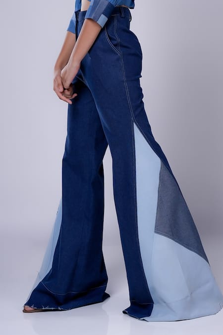 Diksha Khanna_Blue Denim Patchwork Godet Pant _Online_at_Aza_Fashions
