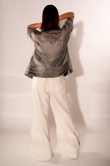 Shop_Diksha Khanna_Grey Denim, Silk, Cotton Collared, Shawl Neck Solid Shirt Pant Set _at_Aza_Fashions