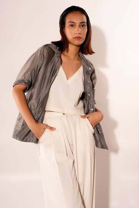 Diksha Khanna_Grey Denim, Silk, Cotton Collared, Shawl Neck Solid Shirt Pant Set _Online_at_Aza_Fashions