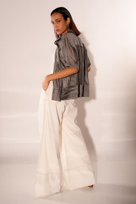 Buy_Diksha Khanna_Grey Denim, Silk, Cotton Collared, Shawl Neck Solid Shirt Pant Set _Online_at_Aza_Fashions