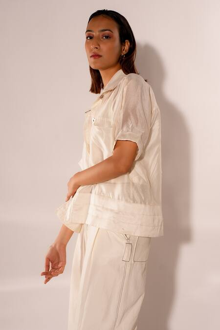 Diksha Khanna White Silk, Cotton, Denim Shawl Neck Plain Shirt Pant Set Online at Aza Fashions Diksha Khanna_White Silk, Cotton, Denim Shawl Neck Plain Shirt Pant Set _Online_at_Aza_Fashions