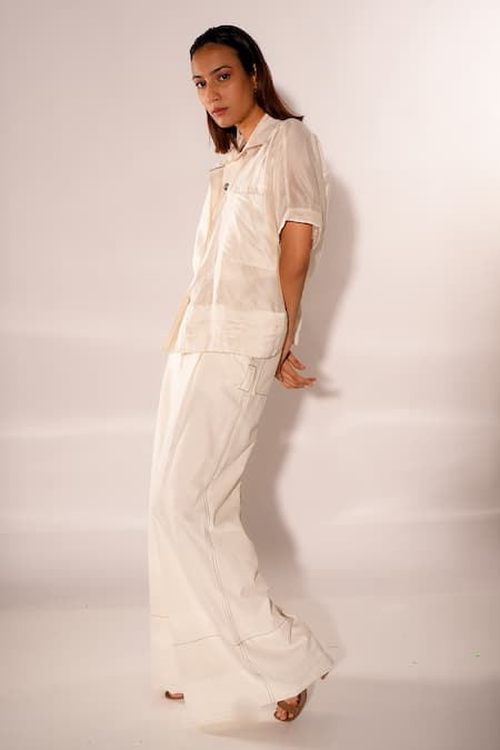 Buy Diksha Khanna White Silk, Cotton, Denim Shawl Neck Plain Shirt Pant Set Online at Aza Fashions Buy_Diksha Khanna_White Silk, Cotton, Denim Shawl Neck Plain Shirt Pant Set _Online_at_Aza_Fashions