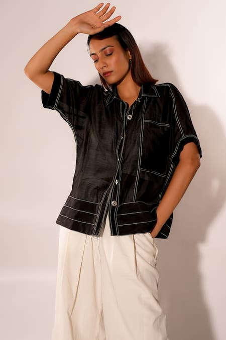Diksha Khanna_Black Denim, Silk, Cotton Shawl Neck Sheer Shirt Pant Set _Online_at_Aza_Fashions