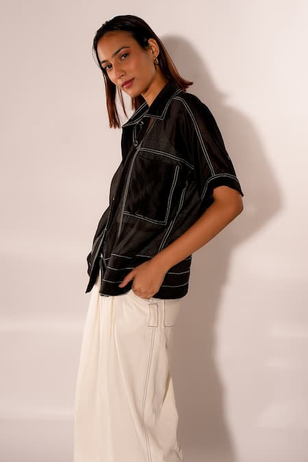 Buy_Diksha Khanna_Black Denim, Silk, Cotton Shawl Neck Sheer Shirt Pant Set _Online_at_Aza_Fashions