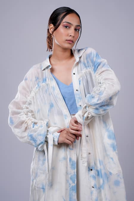 Diksha Khanna_Blue Silk, Cotton Tie-dye Pattern Robe With Top _Online_at_Aza_Fashions