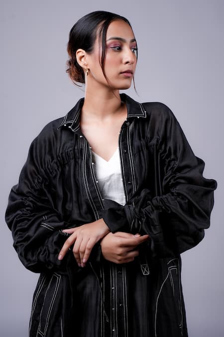 Diksha Khanna_Black Silk, Cotton Solid Robe With Top _Online_at_Aza_Fashions