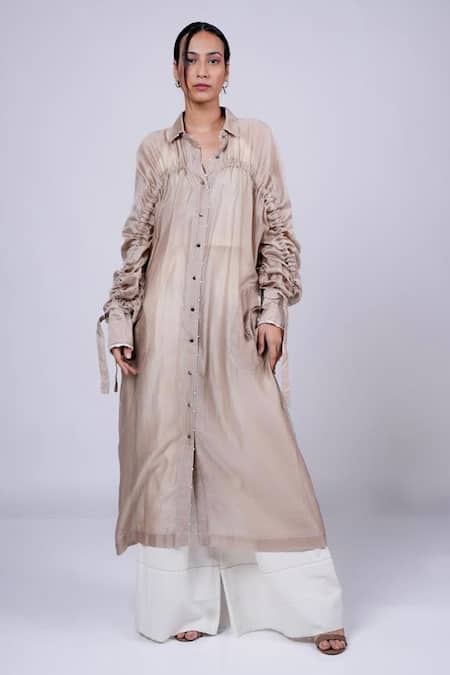 Diksha Khanna_Beige Silk, Cotton Plain Robe With Top _Online_at_Aza_Fashions