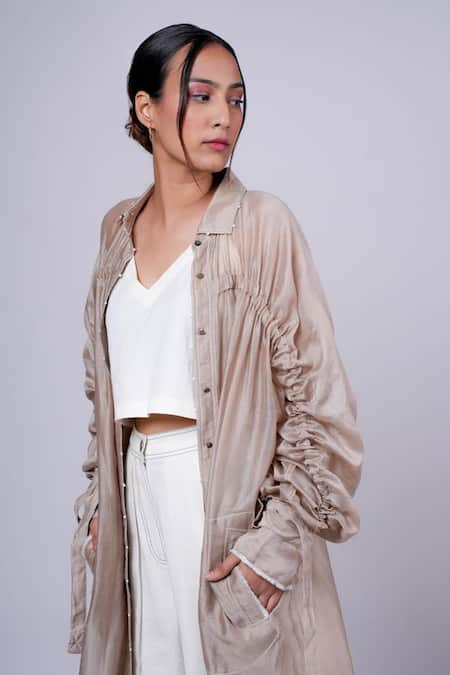 Buy_Diksha Khanna_Beige Silk, Cotton Plain Robe With Top _Online_at_Aza_Fashions