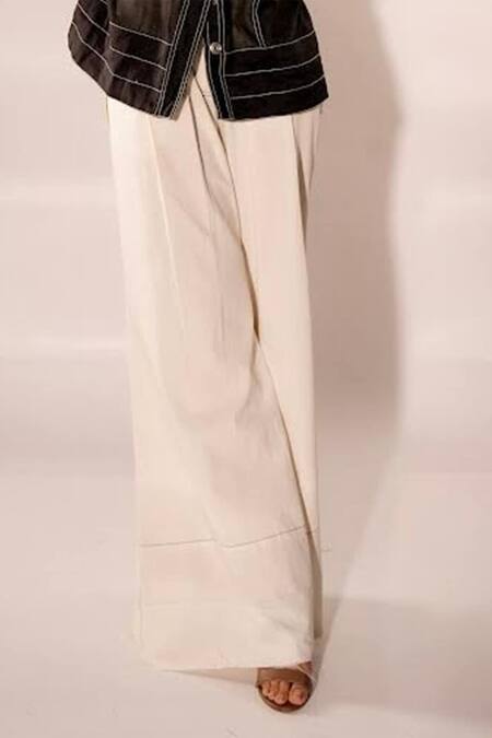 Shop_Diksha Khanna_Black Denim, Silk, Cotton Shawl Neck Sheer Shirt Pant Set _Online_at_Aza_Fashions