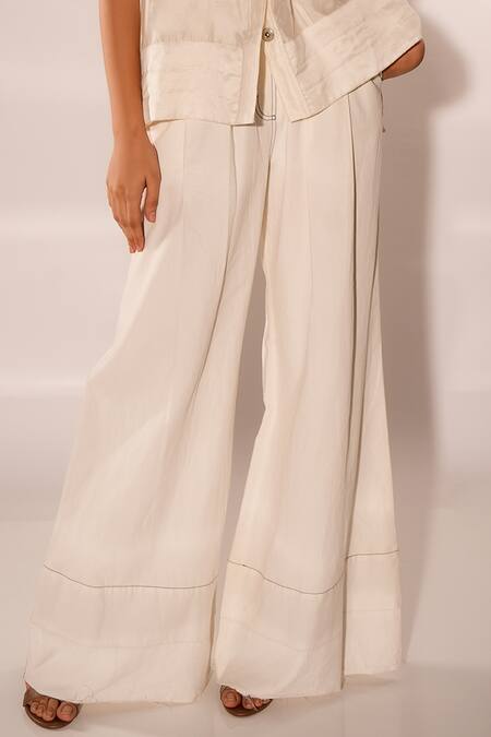 Shop Diksha Khanna White Silk, Cotton, Denim Shawl Neck Plain Shirt Pant Set Online at Aza Fashions Shop_Diksha Khanna_White Silk, Cotton, Denim Shawl Neck Plain Shirt Pant Set _Online_at_Aza_Fashions