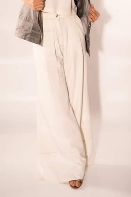 Shop_Diksha Khanna_Grey Denim, Silk, Cotton Collared, Shawl Neck Solid Shirt Pant Set _Online_at_Aza_Fashions