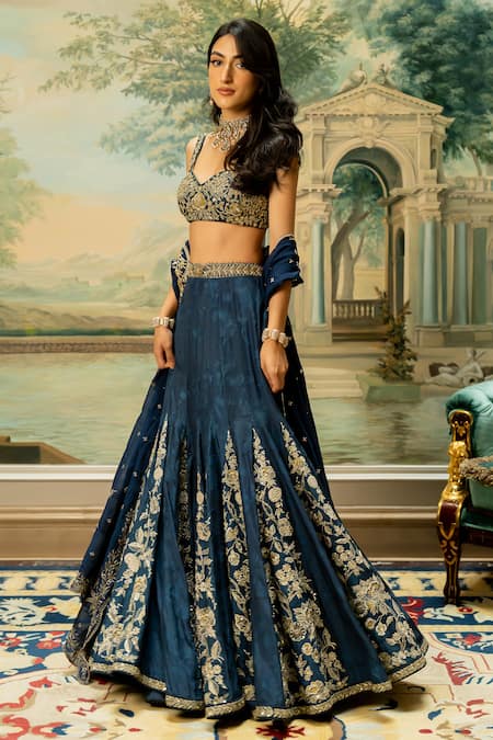 Mirage by Samar | Navy blue raw silk blouse worked with zardozi work paired  with pure organza embroidered dupatta and pure atlas lehenga Visit our  website... | Instagram