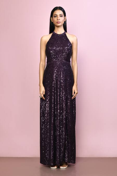 Buy_Samyukta Singhania_Purple Chiffon, Polyester Sequins Halter Neck Embroidered Dress_Online_at_Aza_Fashions