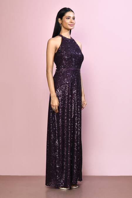 Shop_Samyukta Singhania_Purple Chiffon, Polyester Sequins Halter Neck Embroidered Dress_Online_at_Aza_Fashions