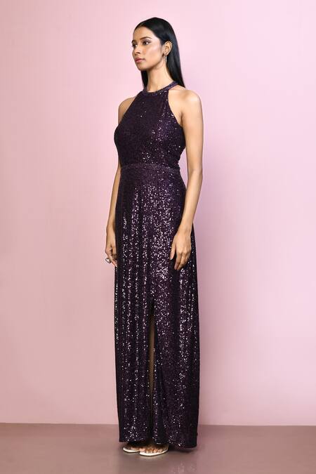 Samyukta Singhania_Purple Chiffon, Polyester Sequins Halter Neck Embroidered Dress_at_Aza_Fashions