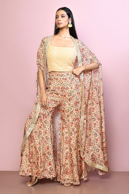 Naintara Bajaj Yellow Top And Palazzo Chiffon Printed Floral Cape Open Set