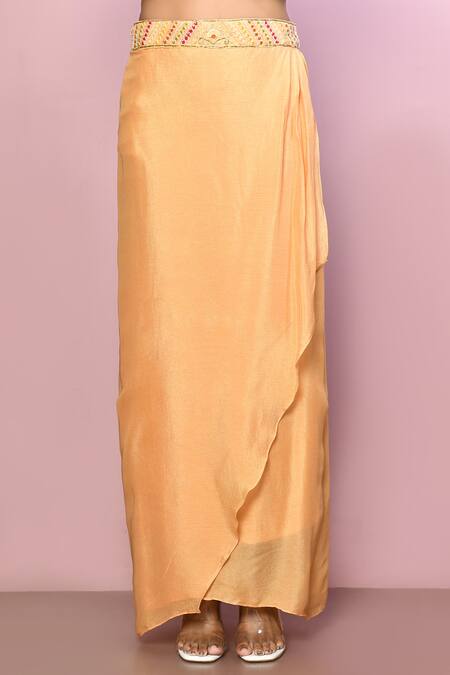 Naintara Bajaj_Yellow Chiffon, Lining Polyester Cutdana, Floral Print Draped Skirt Set_Online_at_Aza_Fashions