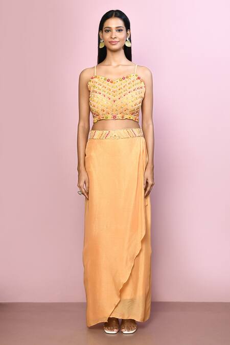 Buy_Naintara Bajaj_Yellow Chiffon, Lining Polyester Cutdana, Floral Print Draped Skirt Set_Online_at_Aza_Fashions