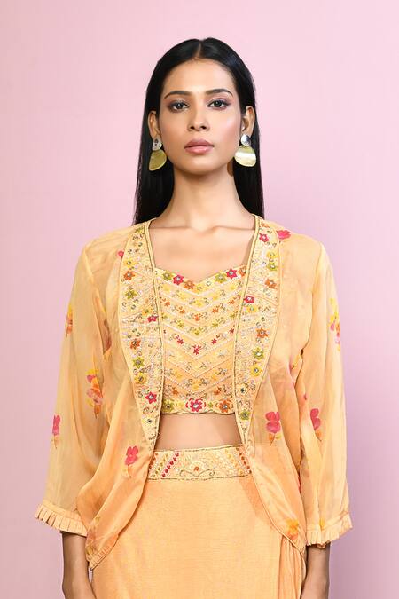 Naintara Bajaj Yellow Chiffon, Lining Polyester Cutdana, Floral Print Draped Skirt Set at Aza Fashions Naintara Bajaj_Yellow Chiffon, Lining Polyester Cutdana, Floral Print Draped Skirt Set_at_Aza_Fashions