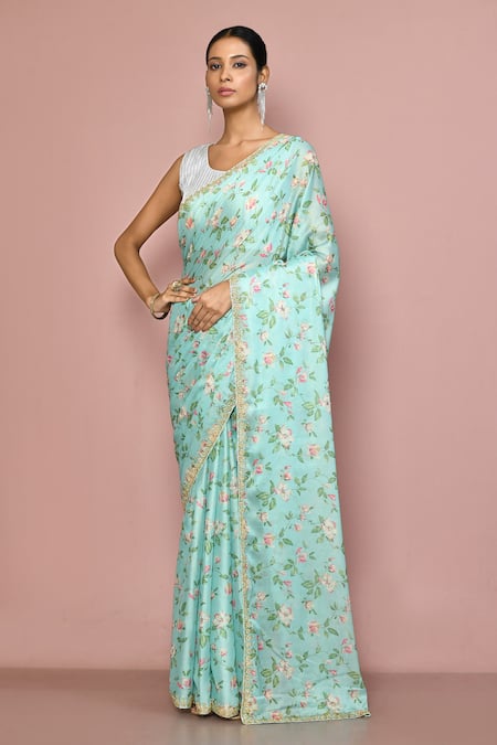 Nazaakat by Samara Singh Blue Silk Printed And Embroidered Floral Tree Saree With Running Blouse Piece